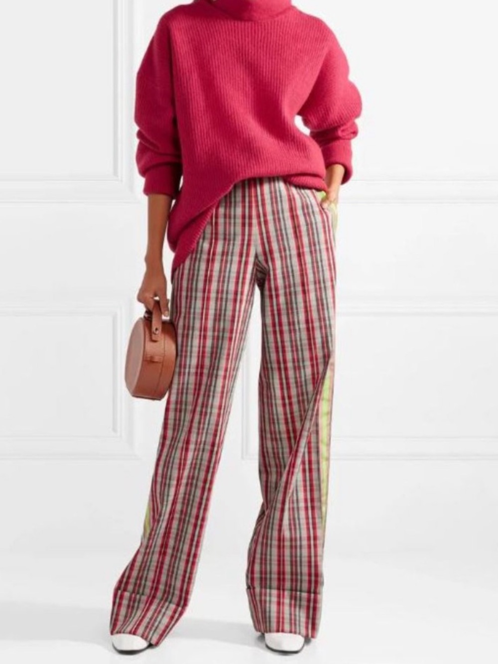 Diane Von Furstenberg Grosgrain-Trimmed Checked
Canvas Wide-Leg Pants